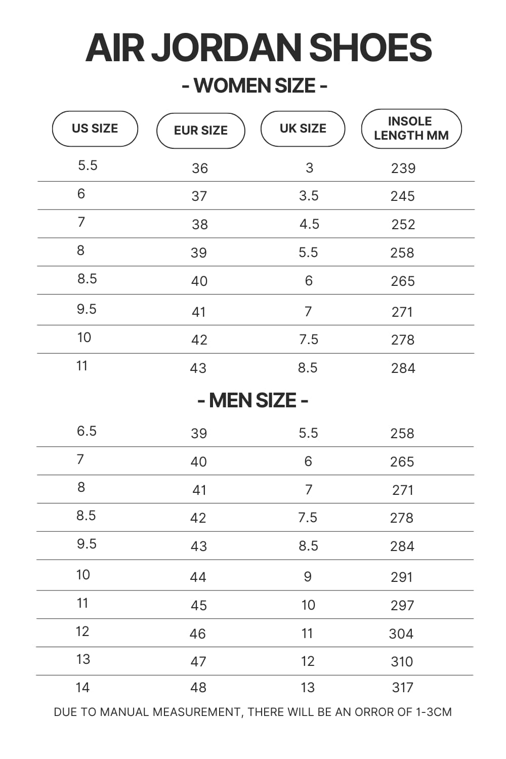 Air Jordan Shoes Size Chart - Official Blue Lock Store